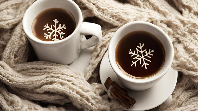 A beautiful cups of coffee in plate with a flower on it, Cozy winter still life a mug of hot coffee and a warm blanket warming drink for a winter morning