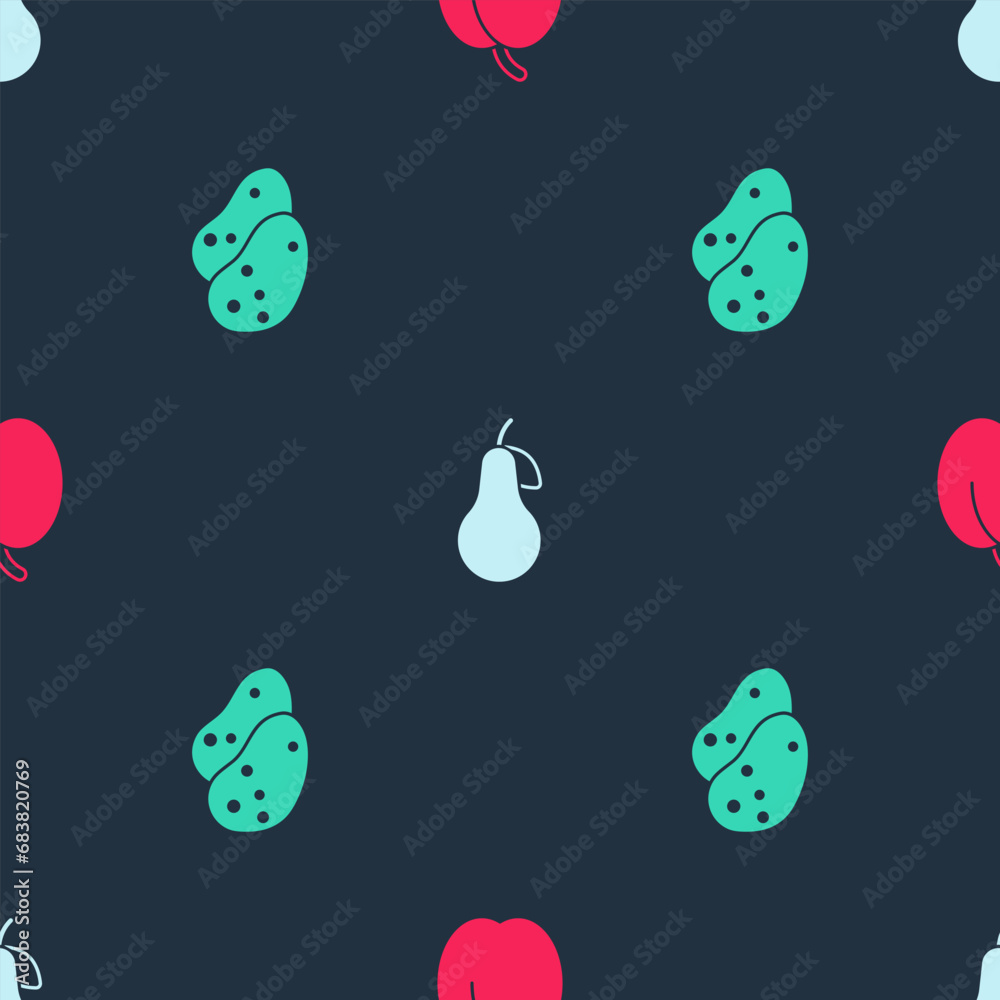 Sticker set plum fruit, pear and potato on seamless pattern. vector