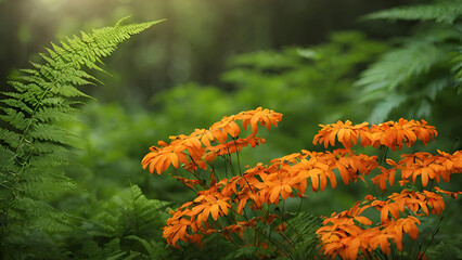 Closeup of vibrant ferns in a dense forest, Lion's Ear Flower, Saturated fern plants leaves in nature background