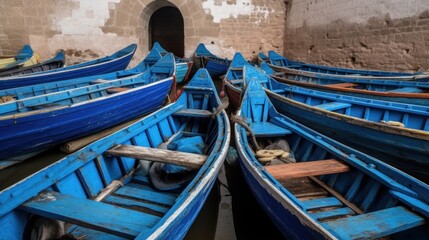 Fototapeta na wymiar emblematic blue boats of the fishermen of Essaouira in the old port.