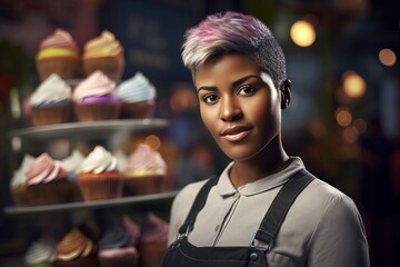 African American woman bakery. Smiling cheerful young baker in uniform. Generate Ai - obrazy, fototapety, plakaty