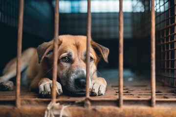 Stray homeless dog in animal shelter cage. Sad abandoned hungry dog behind old rusty grid of the cage in shelter for homeless animals. Dog adoption, rescue, help for pets