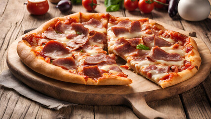 Tasty meat pizza with ham bacon and pepperoni on a wooden board, Pizza with pepperoni salami, melted cheese, mushrooms and chili pepper on wooden tray