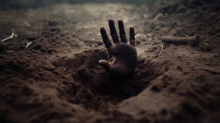 Hand appearing on the ground. Buried alive but not broken concept.