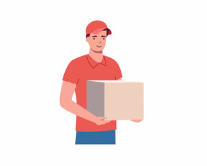A delivery man in red uniform holds a cardboard box in his hands vector illustration