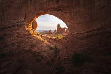 turret arch through north window arch in arches national park, utah, usa