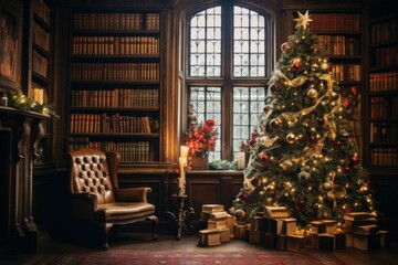 Fototapeta na wymiar Reading Classic Christmas Stories in a Vintage Library