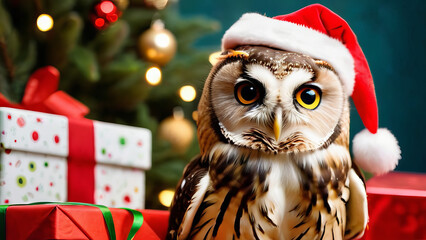 a portrait of a cute Christmas owl, soft light, Christmas background with giant presents and Christmas tree, cute animal, Xmas, funny, joy. Generative AI