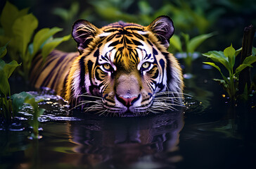 a tiger swimming in a shallow water ai generative