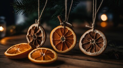 Natural Christmas decorations for a plastic-free tree cinnamon sticks,Dried orange slice,Romania. - obrazy, fototapety, plakaty