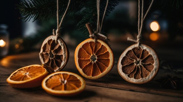 Natural Christmas decorations for a plastic-free tree cinnamon sticks,Dried orange slice,Romania.