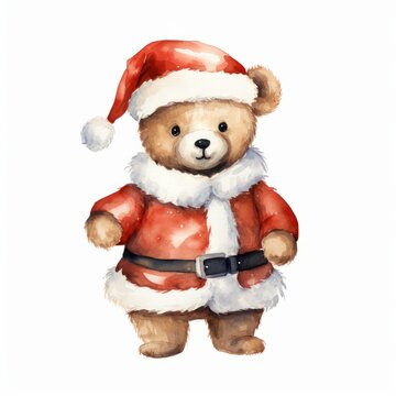 Generative AI. watercolor clipart teddy bear, wearing Santa Claus costume.