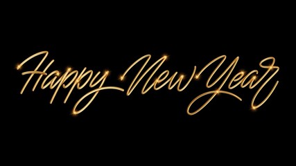 Happy New Year Realistic gold foil lettering isolated on black background . Vector illustration
