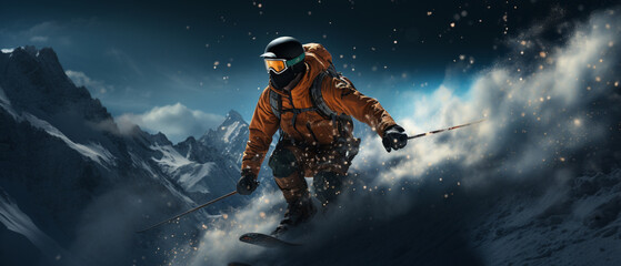 Skisprung ins Dunkel: Freeskier im Spotlight - obrazy, fototapety, plakaty