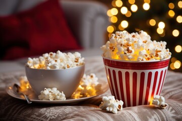 Fototapeta na wymiar Classic Christmas Movie Night with Popcorn and Hot Cocoa