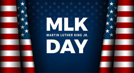 Fototapeta na wymiar MLK Day typography greeting card design. Martin Luther King Jr. Day lettering and the US flag, dark blue vector background