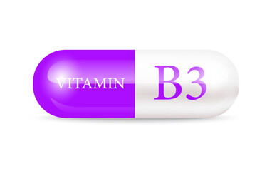 Capsule vitamin B3 (Thiamine) 3D Vector Illustration. Structure purple, white. Vitamin complex with chemical formula. Drug business concept. Personal care, beauty concept. transparent capsule pill.	