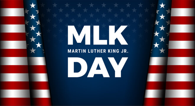 MLK Day typography greeting card design. Martin Luther King Jr. Day lettering and the US flag, dark blue vector background