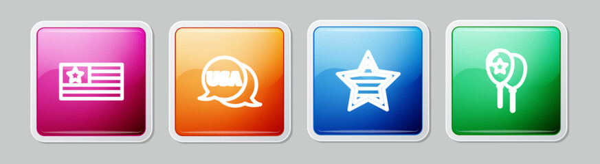 Set line American flag, USA label, Independence day and Balloons. Colorful square button. Vector