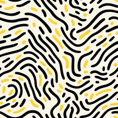 Minimalist seamless pattern with fluid wavy curved lines. Simple black and yellow flat line art on white background texture. For graphic design, printing, postcard, poster, paper, wallpaper, 