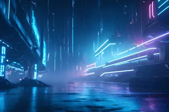 A sci-fi, futuristic scene featuring neon lights and a frigid planet.