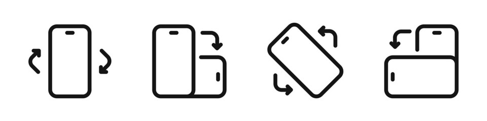 Phone rotation icons. Mobile phone rotation symbols. Device rotation arrows. Smartphone rotation silhouettes. - obrazy, fototapety, plakaty