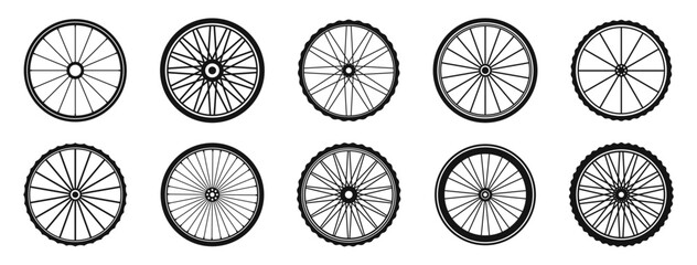  Bike wheels icon collection. Bicycle wheel silhouettes. Bicycle wheel icon set. Bicycle tyres. - obrazy, fototapety, plakaty