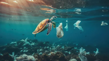 Stoff pro Meter pollution of the ocean, sea turtle swims in water littered with plastic bags, environmental crisis, banner © Dmitriy