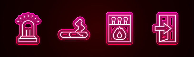 Set line Ringing alarm bell, Cigarette, Matchbox and matches and Fire exit. Glowing neon icon. Vector
