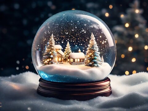 showcasing a magical Christmas village with softly lit lanterns and the serene beauty of a snow globe at night. Generated by Ai	