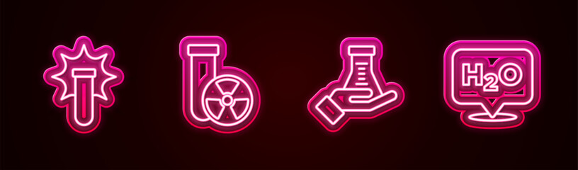Set line Chemical explosion, Test tube radiation, and flask and formula for H2O. Glowing neon icon. Vector