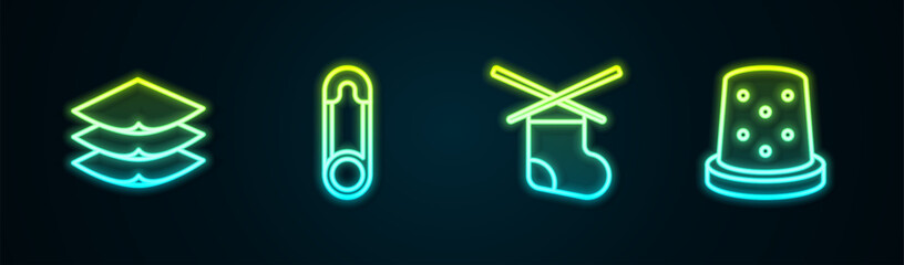 Set line Layers clothing textile, Safety pin, Knitting needles and Thimble for sewing. Glowing neon icon. Vector - obrazy, fototapety, plakaty