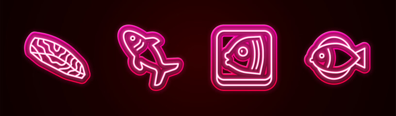 Set line Fish steak, Shark, head and . Glowing neon icon. Vector