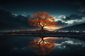Reflective Harmony: Minimalistic Tree in Night Pond - Generative AI