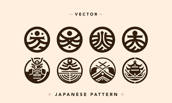 Traditional Japanese Symbols and Warrior Vector Set