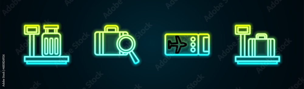 Poster set line scale with suitcase, lost baggage, airline ticket and . glowing neon icon. vector