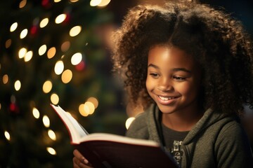 Joyful Young Reader Enthralled by Holiday Tales
