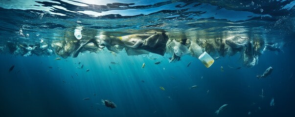 hyperrealistic underwater shot of plastic waste