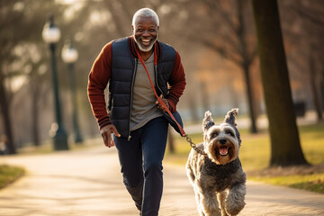Happy active senior man running with dog in park.