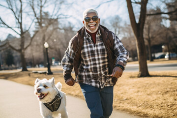 Happy active senior man running with dog in park.