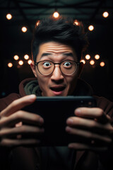 Portrait of surprised young man with smartphone.