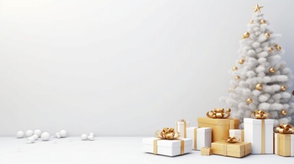 minimalist christmas background with christnas tree and gift boxes - obrazy, fototapety, plakaty
