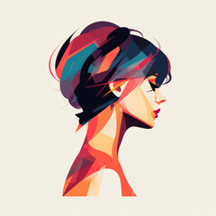 A vibrant, abstract silhouette of a woman's profile with a colourful hairstyle.