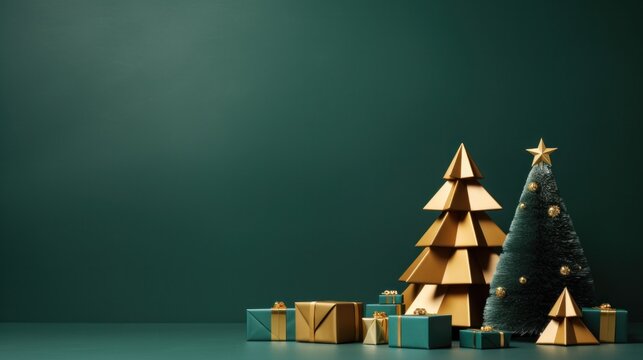 minimalist christmas background with christnas tree and gift boxes