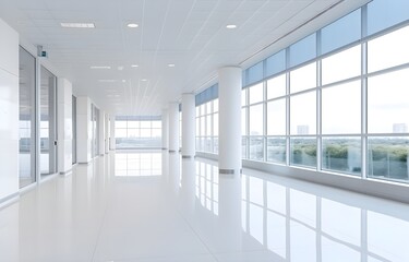 Fototapeta premium The empty hall of an office or medical institution with panoramic windows and a perspective