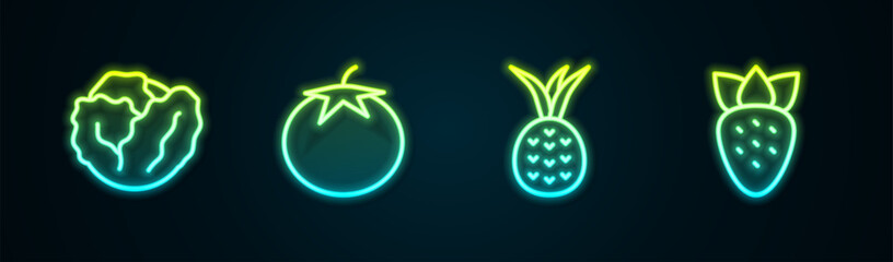 Set line Cabbage, Tomato, Pineapple and Strawberry. Glowing neon icon. Vector