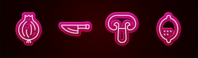 Set line Garlic, Knife, Mushroom and Lemon. Glowing neon icon. Vector