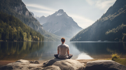 Rear view of a man doing yoga against the backdrop of a lake in the majestic mountains - obrazy, fototapety, plakaty