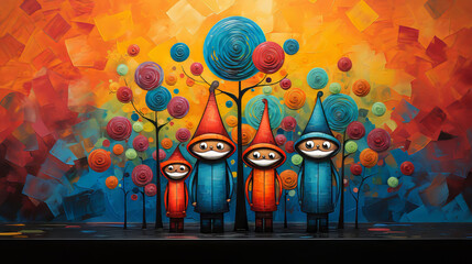 "Carnival of Colors"
Whimsical creatures celebrating under a tapestry of colorful orbs.