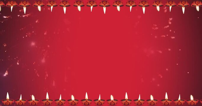 Animated motion graphics of happy Diwali background with moving oil lamp and fireworks exploding in the middle.